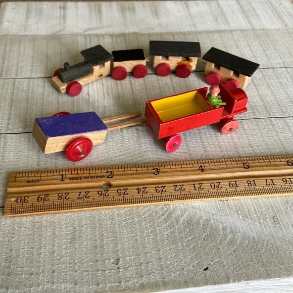 Wooden Miniature Train Wagon and Firetruck with Fireman - Picture 1 of 6